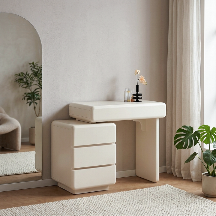 Contemporary Nordic Extendable MDF Vanity Desk With 4 Drawers - White Makeup Dressing Table For Bedroom