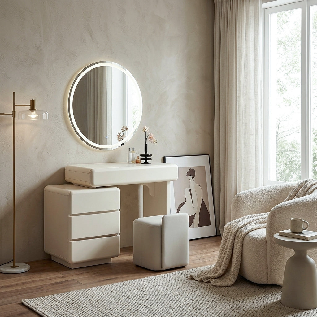 Contemporary Nordic Extendable MDF Vanity Desk With 4 Drawers - White Makeup Dressing Table For Bedroom