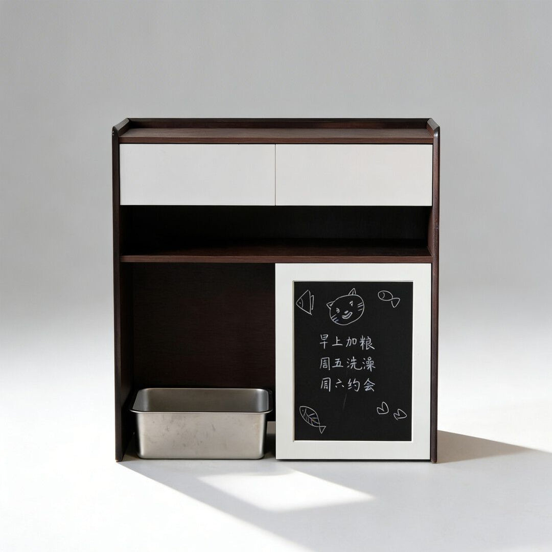 Contemporary Nordic Solid Wood &amp; Plywood Cat Cabinet - Pet Feeding Station With Storage Drawers &amp; Memo Board For Cats