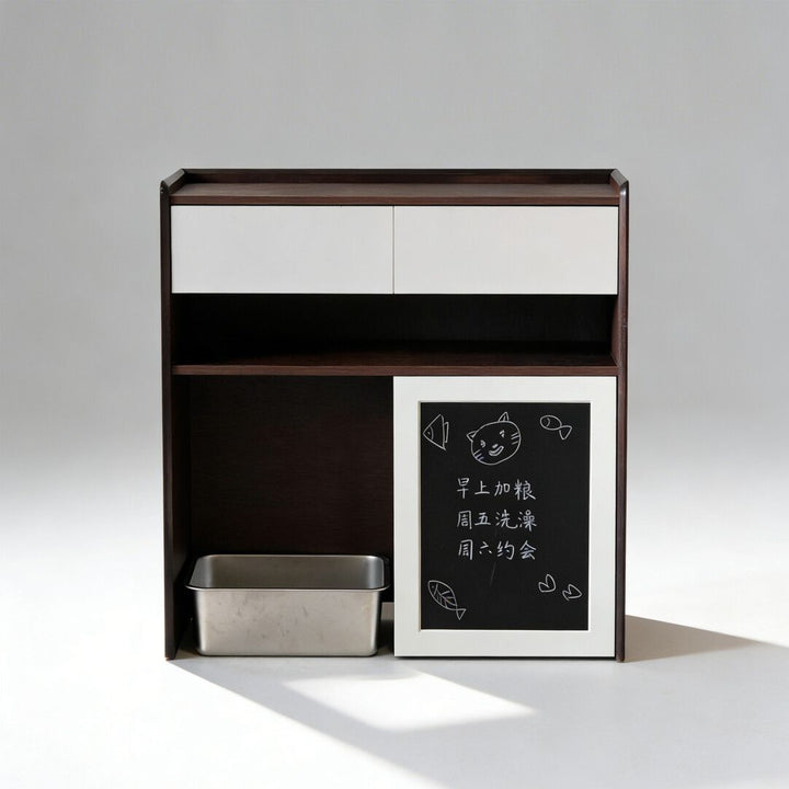 Contemporary Nordic Solid Wood &amp; Plywood Cat Cabinet - Pet Feeding Station With Storage Drawers &amp; Memo Board For Cats