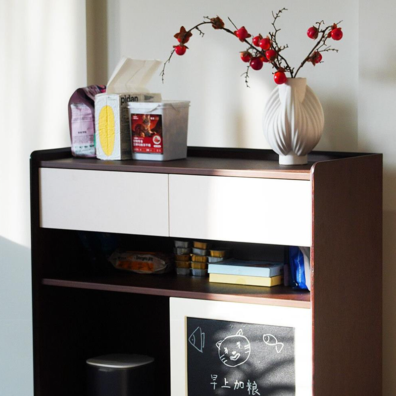 Contemporary Nordic Solid Wood &amp; Plywood Cat Cabinet - Pet Feeding Station With Storage Drawers &amp; Memo Board For Cats
