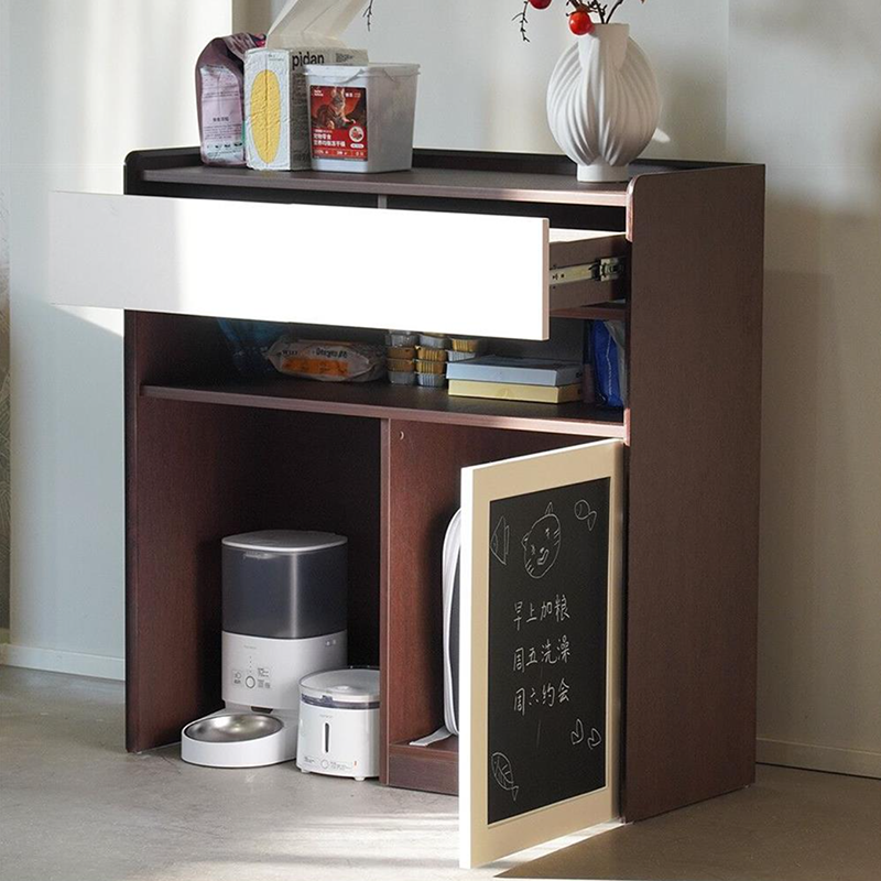 Contemporary Nordic Solid Wood &amp; Plywood Cat Cabinet - Pet Feeding Station With Storage Drawers &amp; Memo Board For Cats