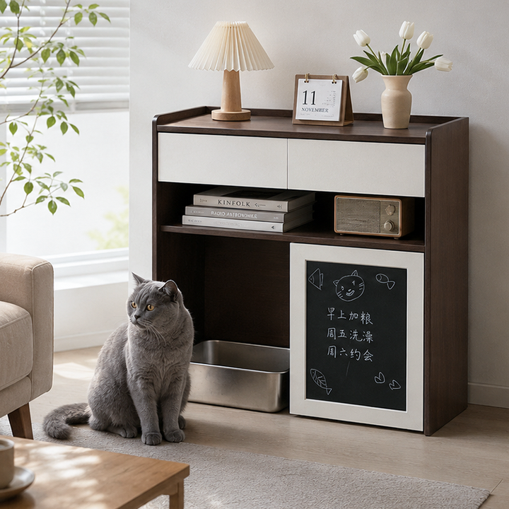 Contemporary Nordic Solid Wood & Plywood Cat Cabinet - Pet Feeding Station With Storage Drawers & Memo Board For Cats