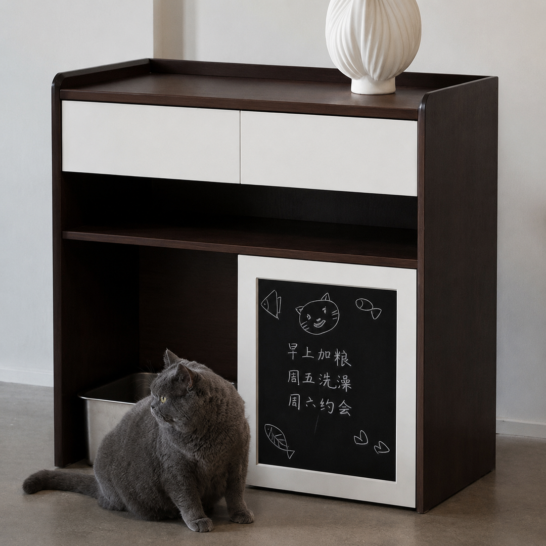 Contemporary Nordic Solid Wood &amp; Plywood Cat Cabinet - Pet Feeding Station With Storage Drawers &amp; Memo Board For Cats