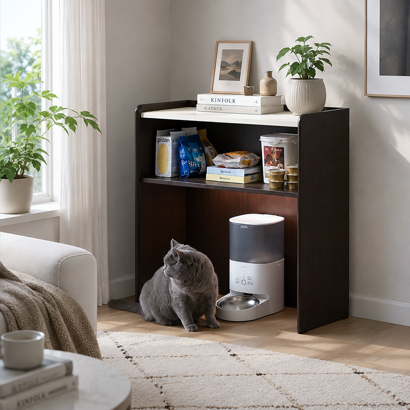 Contemporary Nordic Solid Wood &amp; Plywood Cat Cabinet - Pet Feeding Station With Storage Drawers &amp; Memo Board For Cats