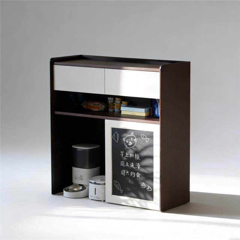 Contemporary Nordic Solid Wood &amp; Plywood Cat Cabinet - Pet Feeding Station With Storage Drawers &amp; Memo Board For Cats