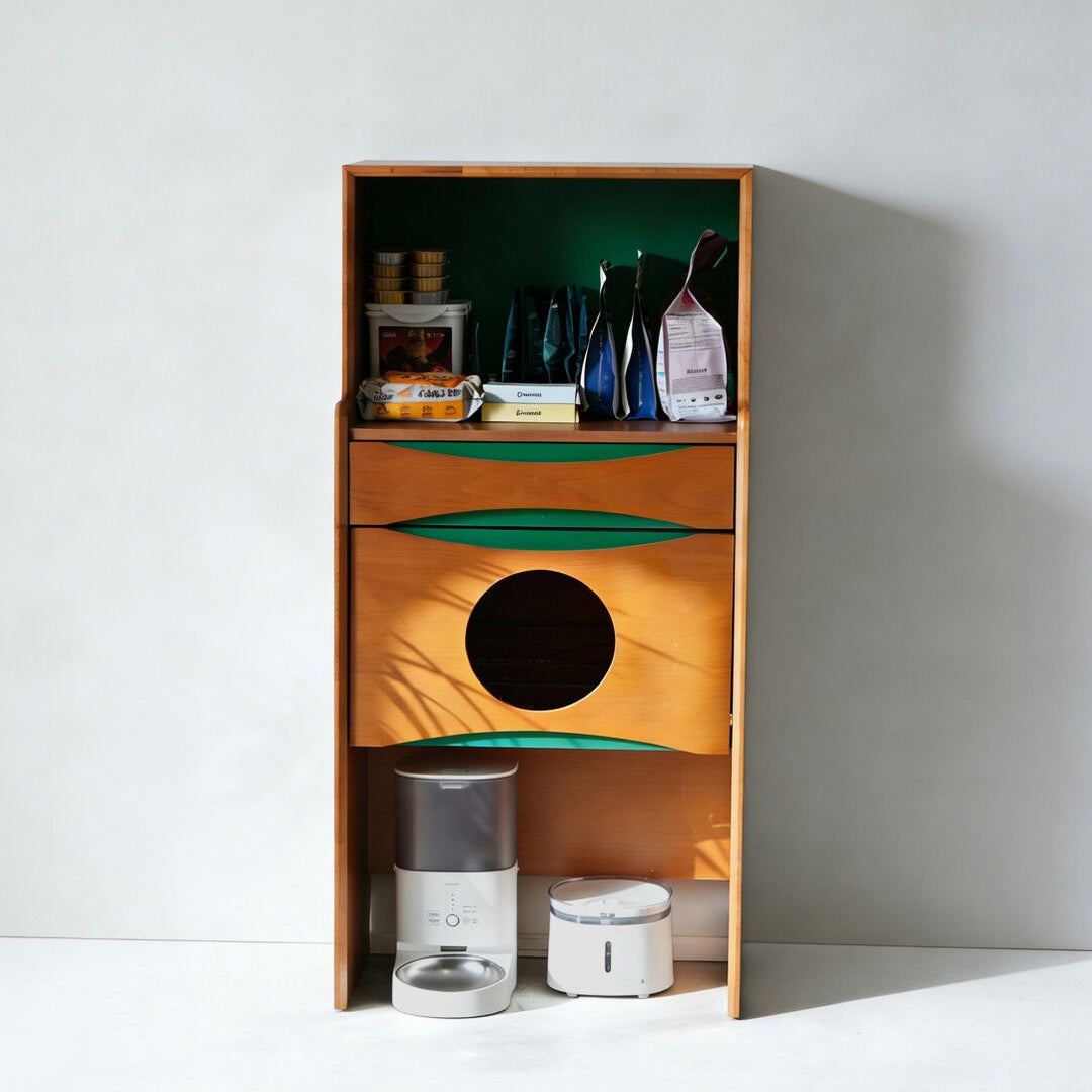 Contemporary Retro Wooden Cat Cabinet - Multifunctional Pet Furniture With Storage Drawer &amp; Cat House For Living Room