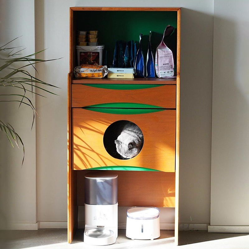 Contemporary Retro Wooden Cat Cabinet - Multifunctional Pet Furniture With Storage Drawer &amp; Cat House For Living Room