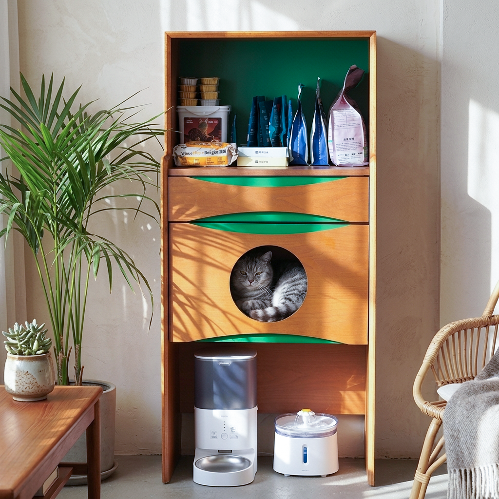 Contemporary Retro Wooden Cat Cabinet - Multifunctional Pet Furniture With Storage Drawer &amp; Cat House For Living Room