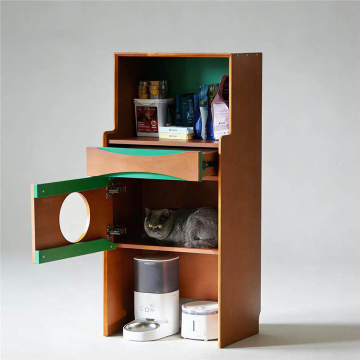 Contemporary Retro Wooden Cat Cabinet - Multifunctional Pet Furniture With Storage Drawer & Cat House For Living Room