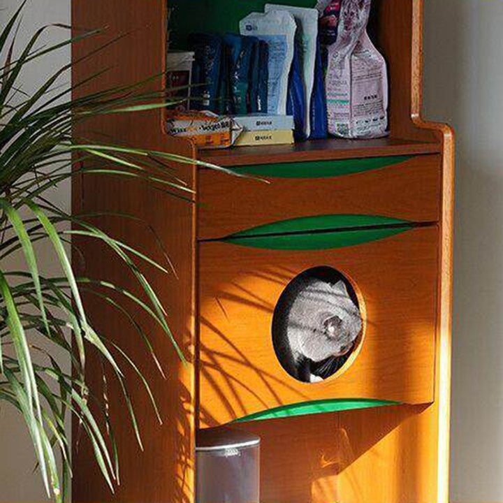 Contemporary Retro Wooden Cat Cabinet - Multifunctional Pet Furniture With Storage Drawer &amp; Cat House For Living Room