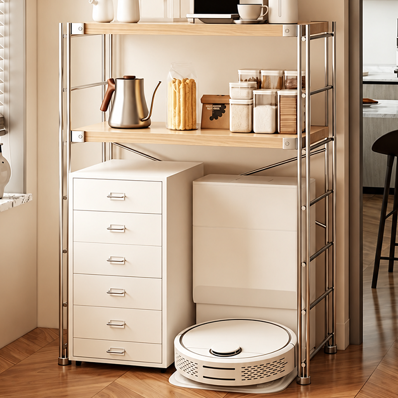 Modern Minimalist Steel &amp; Particleboard Storage Rack With Open Bottom Storage - Multi-Tier Organizer For Living Room &amp; Kitchen