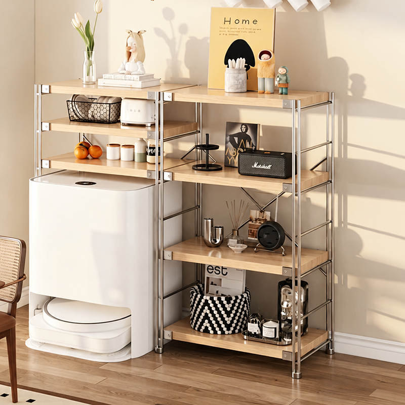 Modern Minimalist Steel &amp; Particleboard Storage Rack With Open Bottom Storage - Multi-Tier Organizer For Living Room &amp; Kitchen