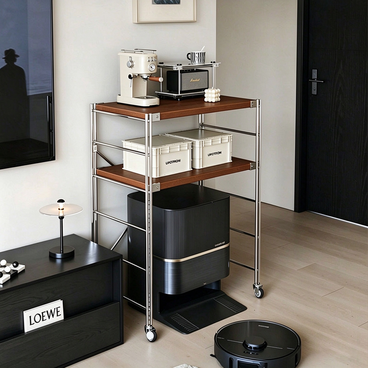 Modern Minimalist Steel &amp; Particleboard Storage Rack With Open Bottom Storage - Multi-Tier Organizer For Living Room &amp; Kitchen