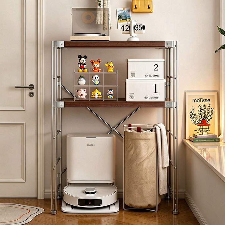 Modern Minimalist Steel &amp; Particleboard Storage Rack With Open Bottom Storage - Multi-Tier Organizer For Living Room &amp; Kitchen