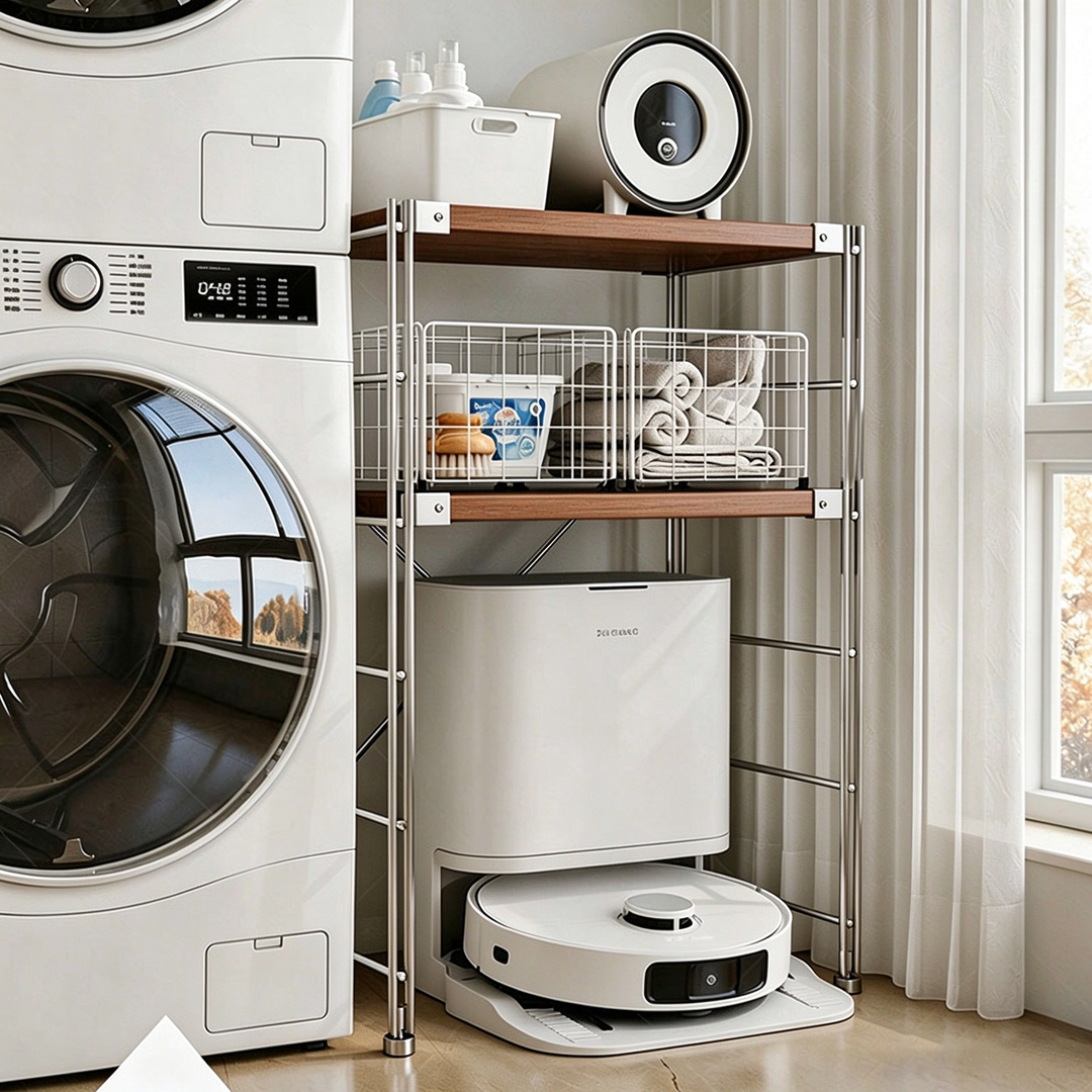 Modern Minimalist Steel &amp; Particleboard Storage Rack With Open Bottom Storage - Multi-Tier Organizer For Living Room &amp; Kitchen