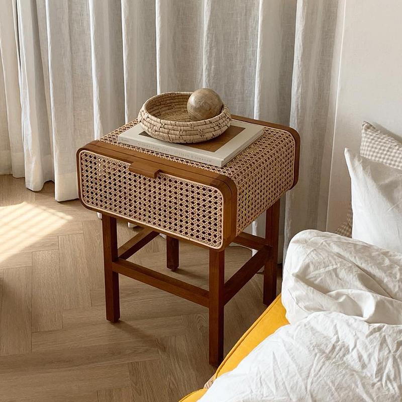 Traditional Japanese Rounded Corner Design Ash Wood Rattan Weaving End Table With 1-Cabinet For Bedroom