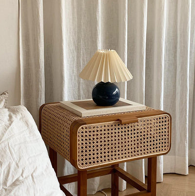 Traditional Japanese Rounded Corner Design Ash Wood Rattan Weaving Nightstand With 1-Tier 1-Cabinet For Bedroom