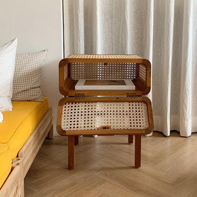 Traditional Japanese Rounded Corner Design Ash Wood Rattan Weaving Nightstand With 1-Tier 1-Cabinet For Bedroom