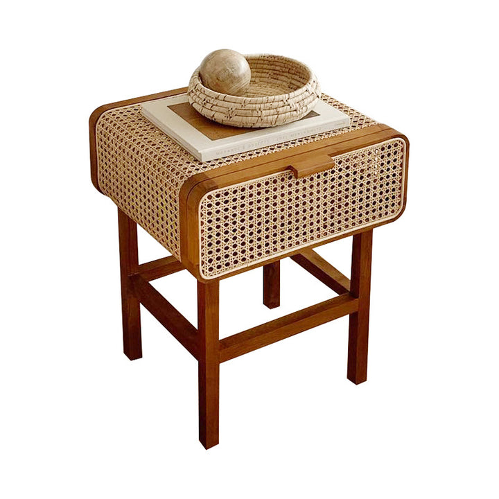 Traditional Japanese Rounded Corner Design Ash Wood Rattan Weaving End Table With 1-Cabinet For Bedroom