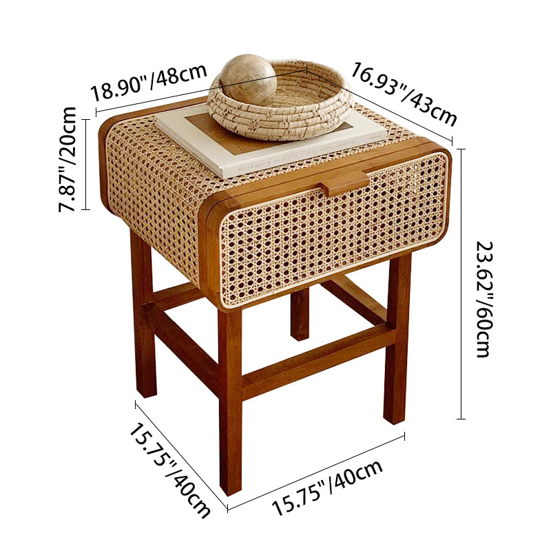 Traditional Japanese Rounded Corner Design Ash Wood Rattan Weaving Nightstand With 1-Tier 1-Cabinet For Bedroom
