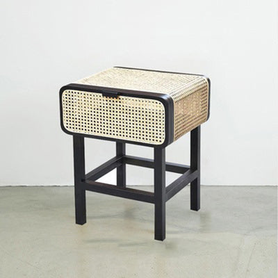 Traditional Japanese Rounded Corner Design Ash Wood Rattan Weaving Nightstand With 1-Tier 1-Cabinet For Bedroom