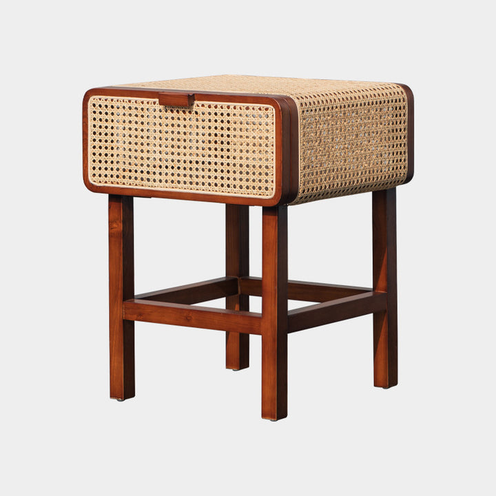 Traditional Japanese Rounded Corner Design Ash Wood Rattan Weaving End Table With 1-Cabinet For Bedroom