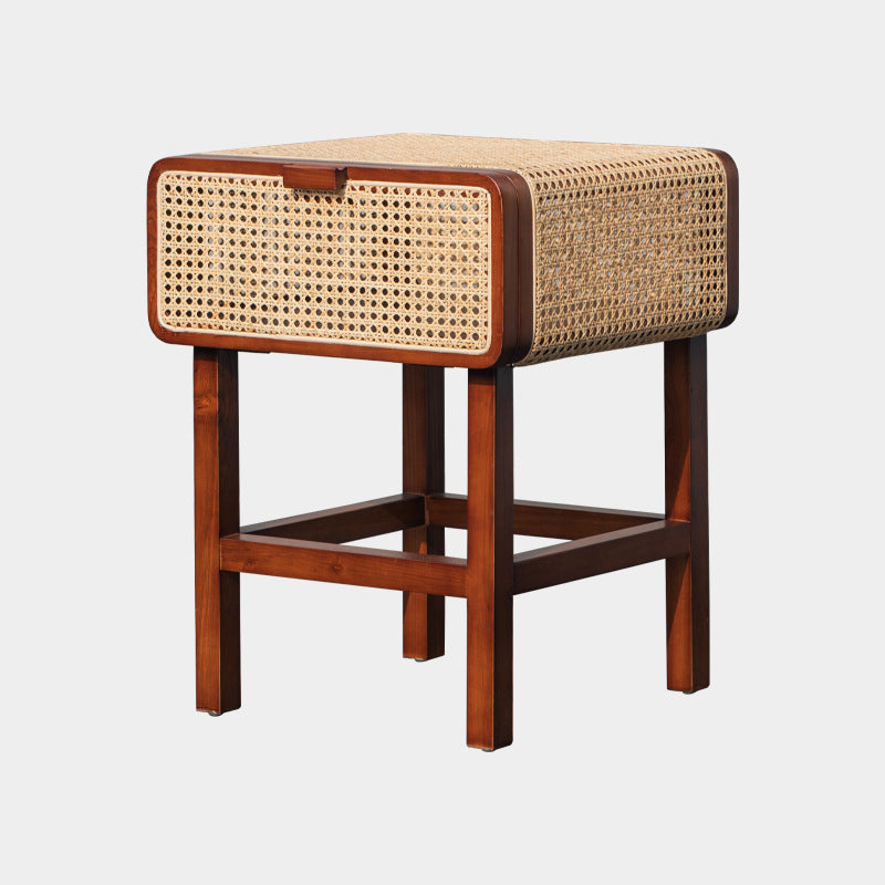 Traditional Japanese Rounded Corner Design Ash Wood Rattan Weaving Nightstand With 1-Tier 1-Cabinet For Bedroom