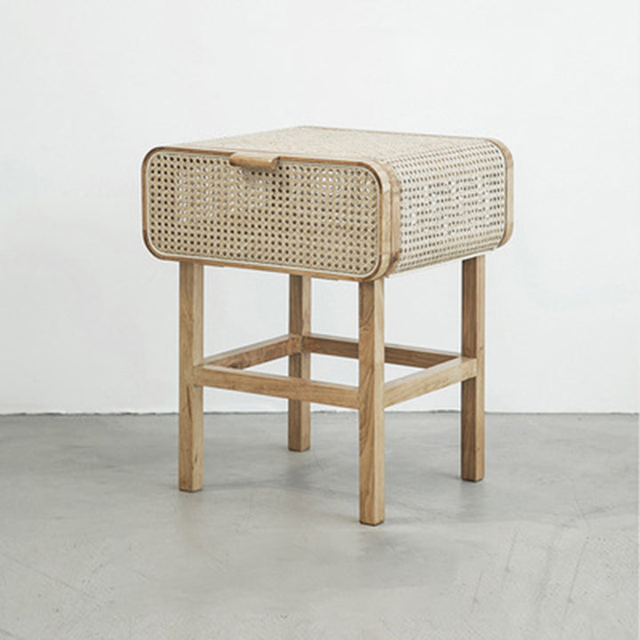 Traditional Japanese Rounded Corner Design Ash Wood Rattan Weaving End Table With 1-Cabinet For Bedroom