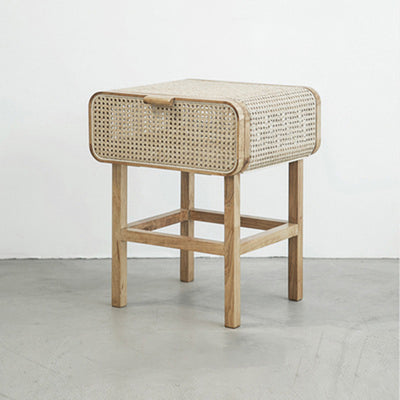 Traditional Japanese Rounded Corner Design Ash Wood Rattan Weaving Nightstand With 1-Tier 1-Cabinet For Bedroom