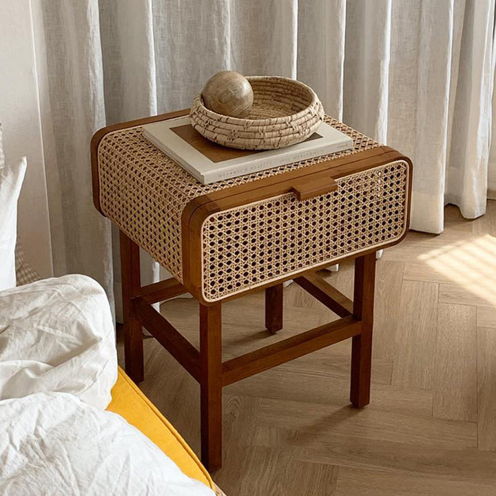 Traditional Japanese Rounded Corner Design Ash Wood Rattan Weaving End Table With 1-Cabinet For Bedroom