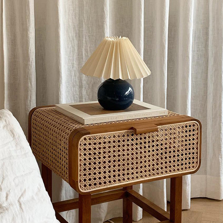 Traditional Japanese Rounded Corner Design Ash Wood Rattan Weaving End Table With 1-Cabinet For Bedroom