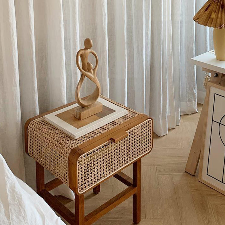 Traditional Japanese Rounded Corner Design Ash Wood Rattan Weaving End Table With 1-Cabinet For Bedroom
