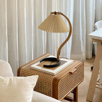 Traditional Japanese Rounded Corner Design Ash Wood Rattan Weaving Nightstand With 1-Tier 1-Cabinet For Bedroom