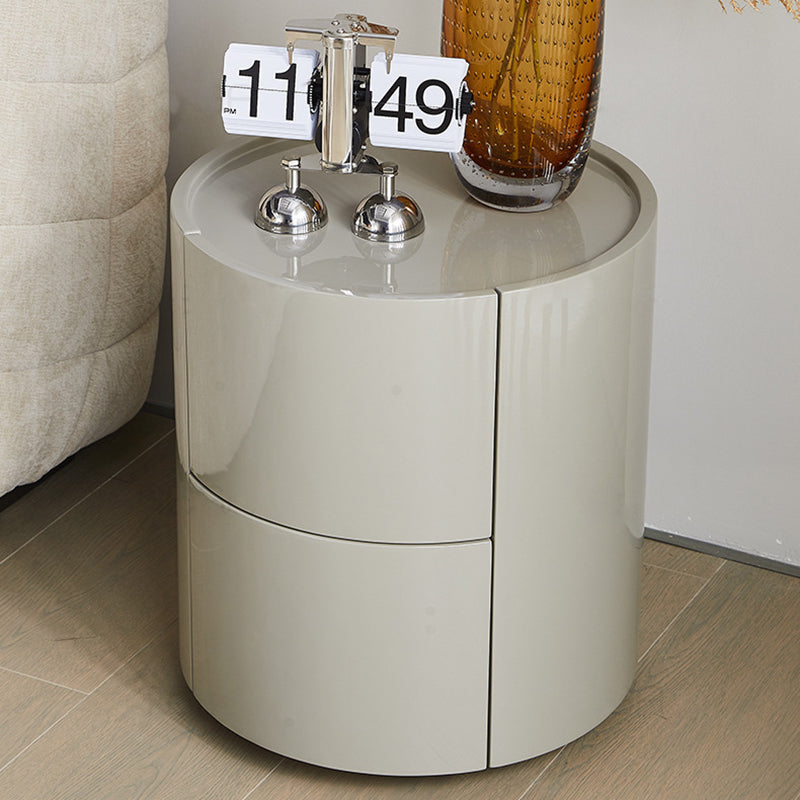 Modern Minimalist Round Solid Wood Plywood Wrought Iron Nightstand With 2-Drawer For Bedroom