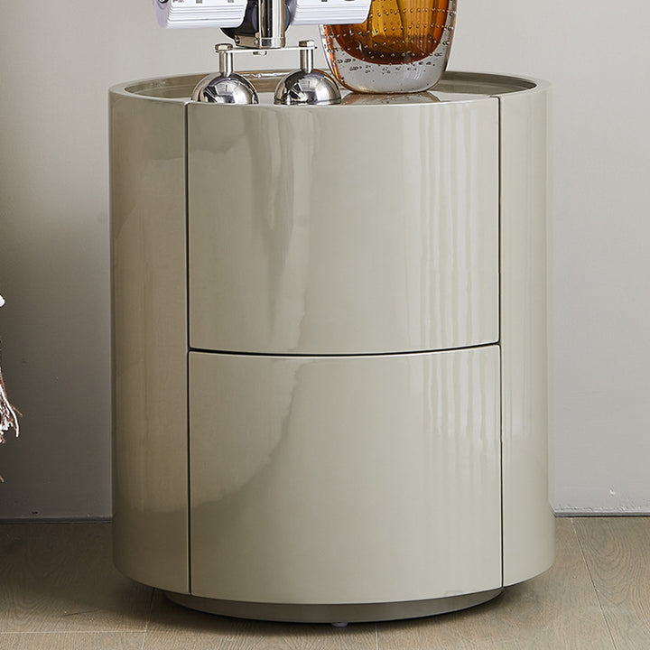 Table de chevet ronde minimaliste moderne en bois massif, contreplaqué et fer forgé avec 2 tiroirs pour chambre à coucher 
