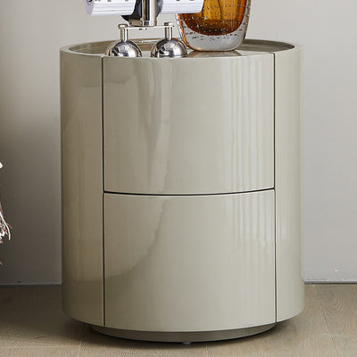 Modern Minimalist Round Solid Wood Plywood Wrought Iron Nightstand With 2-Drawer For Bedroom