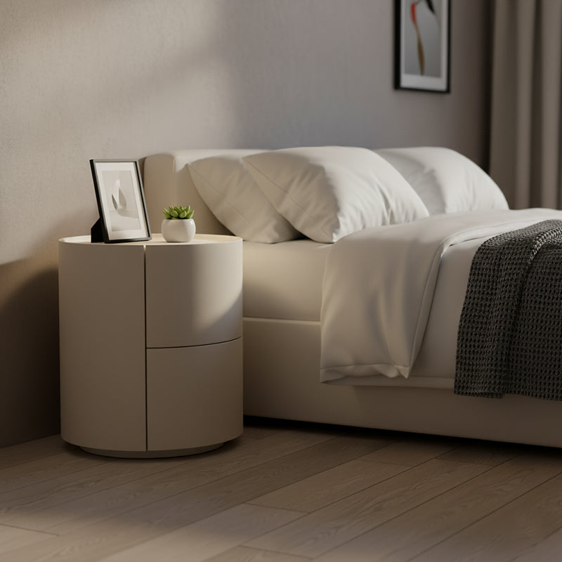 Modern Minimalist Round Solid Wood Plywood Wrought Iron Nightstand With 2-Drawer For Bedroom