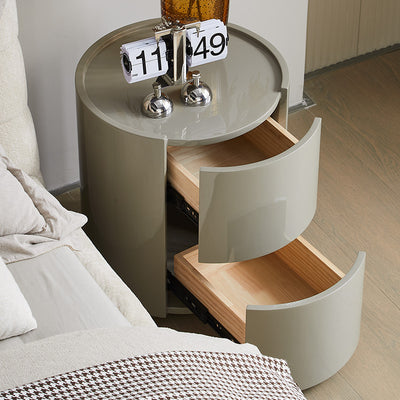 Modern Minimalist Round Solid Wood Plywood Wrought Iron Nightstand With 2-Drawer For Bedroom