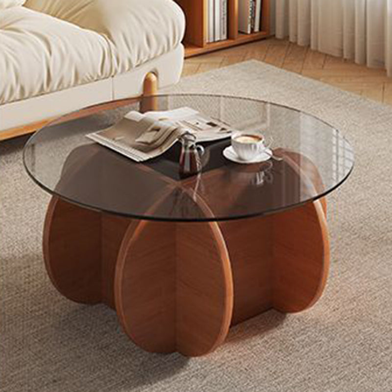 Modern Minimalist Round Tempered Glass Solid Wood Multi-layer Board Coffee Table 1-Tier For Living Room