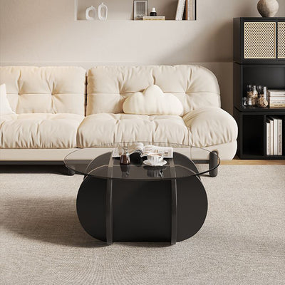 Modern Minimalist Round Tempered Glass Solid Wood Multi-layer Board Coffee Table 1-Tier For Living Room