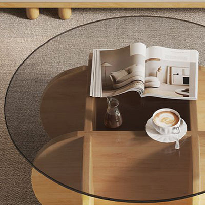 Modern Minimalist Round Tempered Glass Solid Wood Multi-layer Board Coffee Table 1-Tier For Living Room