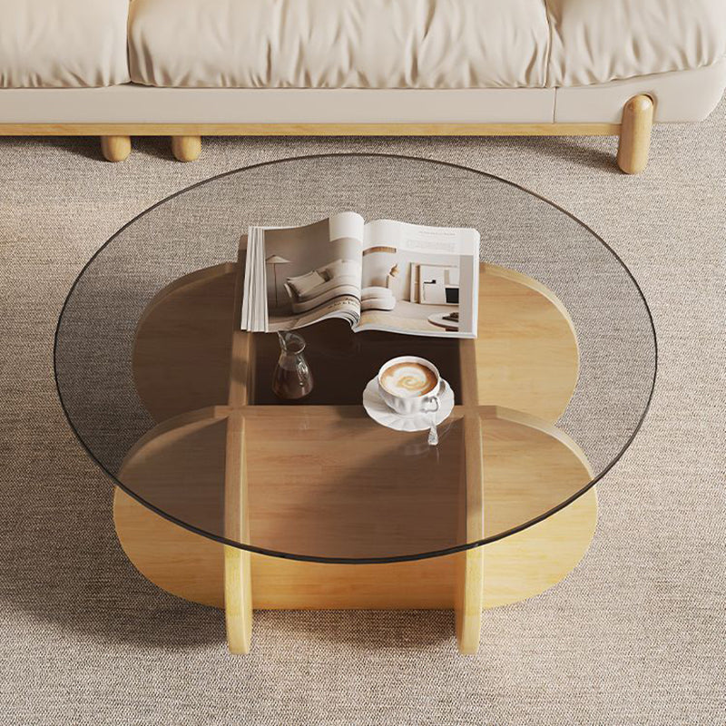 Modern Minimalist Round Tempered Glass Solid Wood Multi-layer Board Coffee Table 1-Tier For Living Room