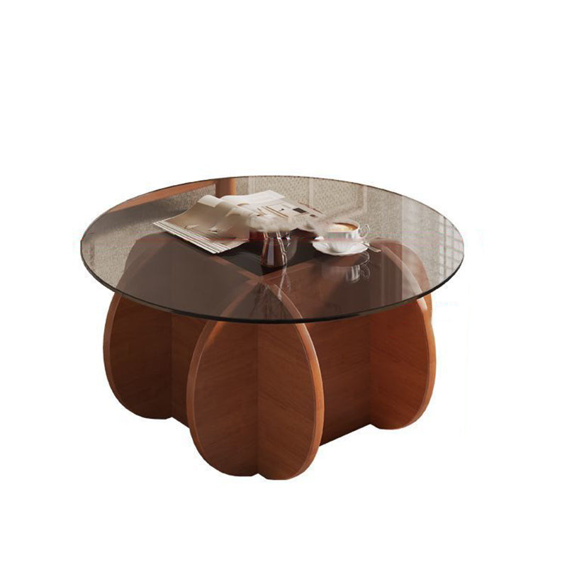 Modern Minimalist Round Tempered Glass Solid Wood Multi-layer Board Coffee Table 1-Tier For Living Room
