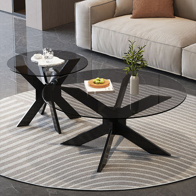 Modern Minimalist Round Solid Wood Tempered Glass Coffee Table 1-Tier For Living Room