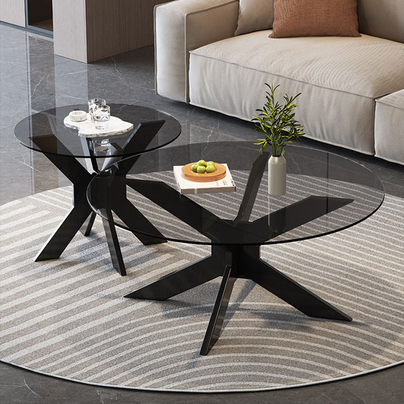 Modern Minimalist Round Solid Wood Tempered Glass Coffee Table 1-Tier For Living Room