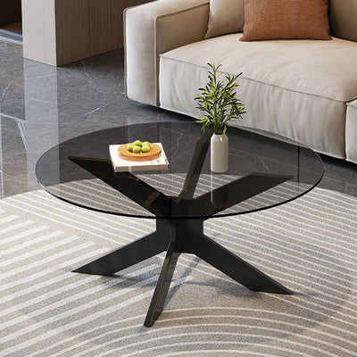 Modern Minimalist Round Solid Wood Tempered Glass Coffee Table 1-Tier For Living Room