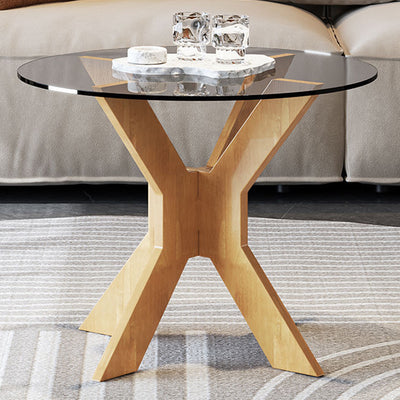 Modern Minimalist Round Solid Wood Tempered Glass Coffee Table 1-Tier For Living Room