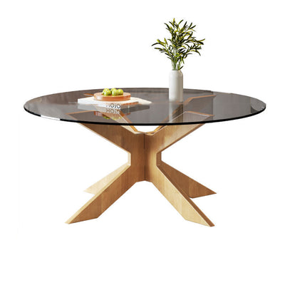 Modern Minimalist Round Solid Wood Tempered Glass Coffee Table 1-Tier For Living Room