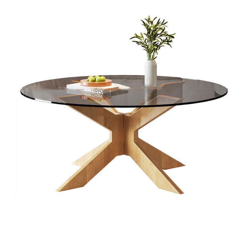 Modern Minimalist Round Solid Wood Tempered Glass Coffee Table 1-Tier For Living Room